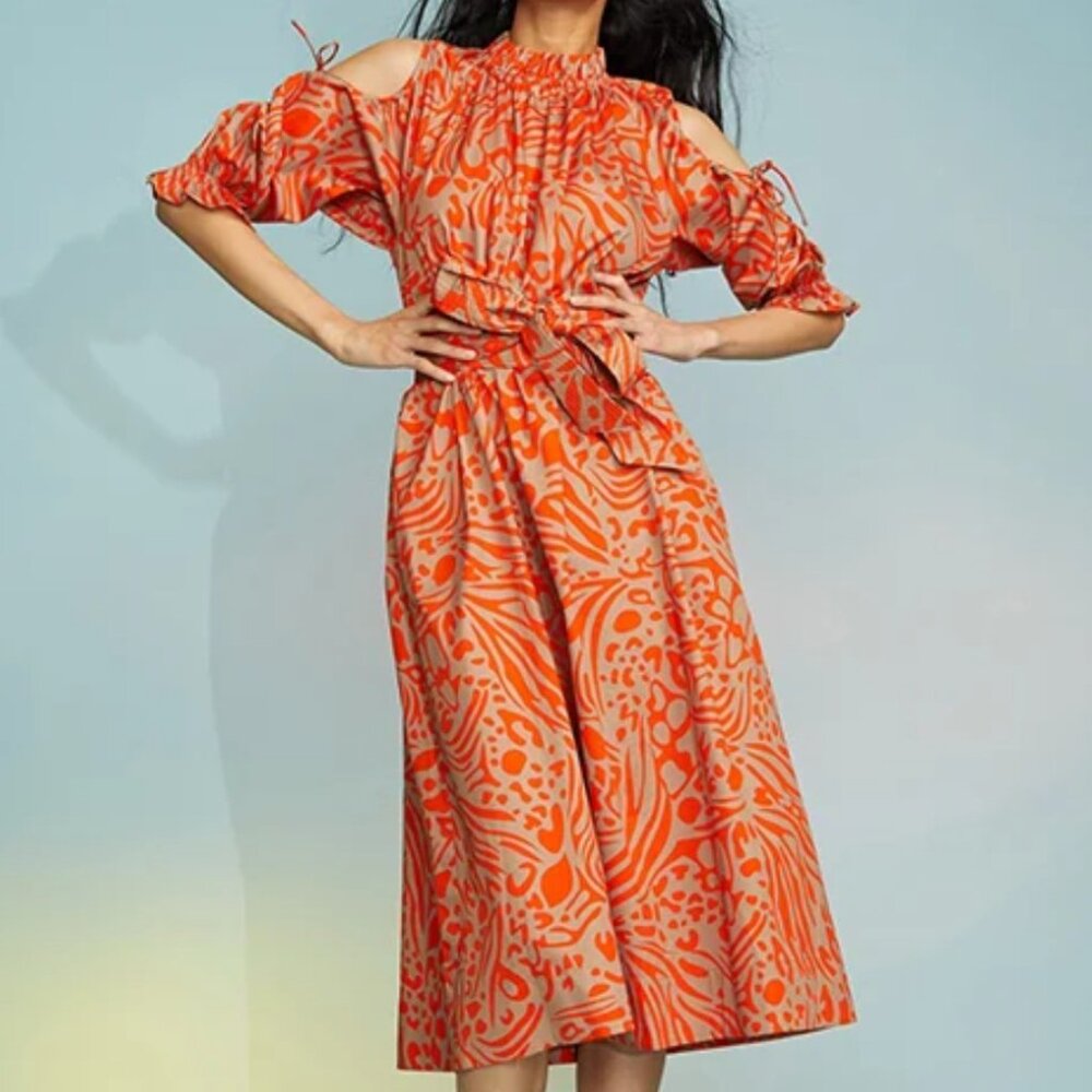 Cynthia Rowley COLD SHOULDER PRINTED DRESS ANIMAL ORANGE/CAMEL COMBO Medium